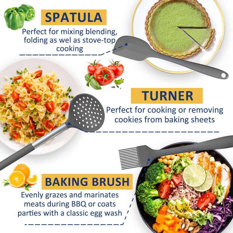 Fungun Silicone Cooking Utensil Set, Fungun Non-stick Kitchen Utensil 24 Pcs Cooking Utensils Set, Heat Resistant Cookware, Silicone Kitchen Tools Gift with Stainless Steel Handle (Gray-24pcs) - Image 3